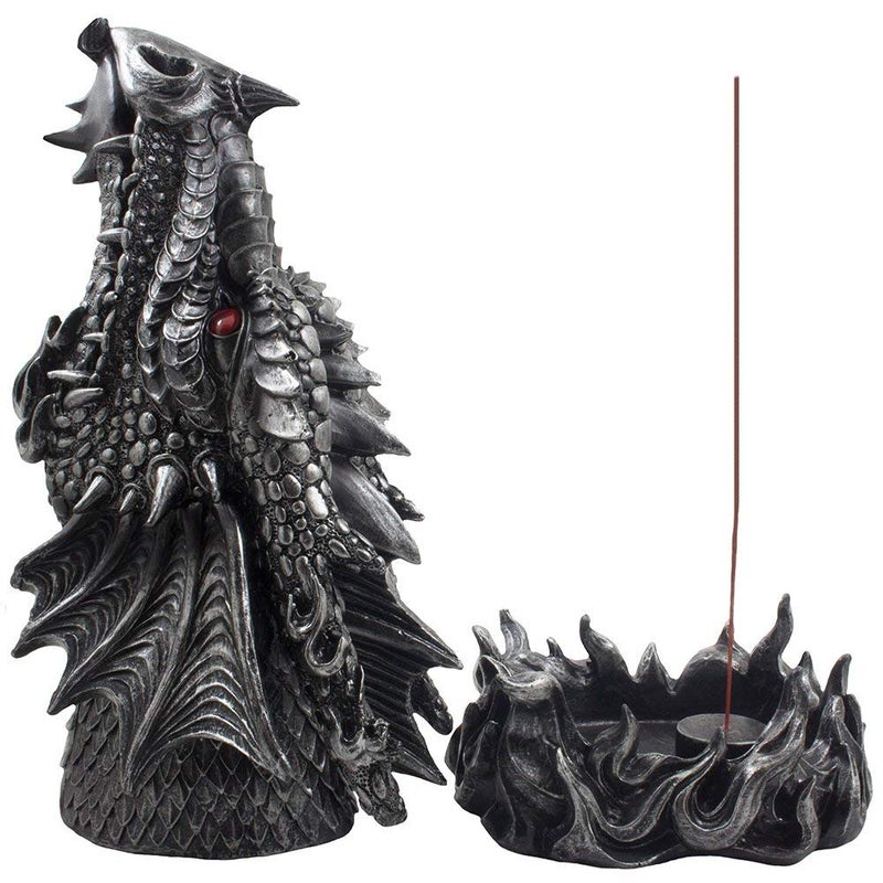 Mythical Fire Breathing Dragon Incense Holder & Burner Combo Statue for Sticks or Cones with Decorative Display Stand of Flames As Gothic Home Decor Aromatherapy Sculptures and Medieval Fantasy Gifts